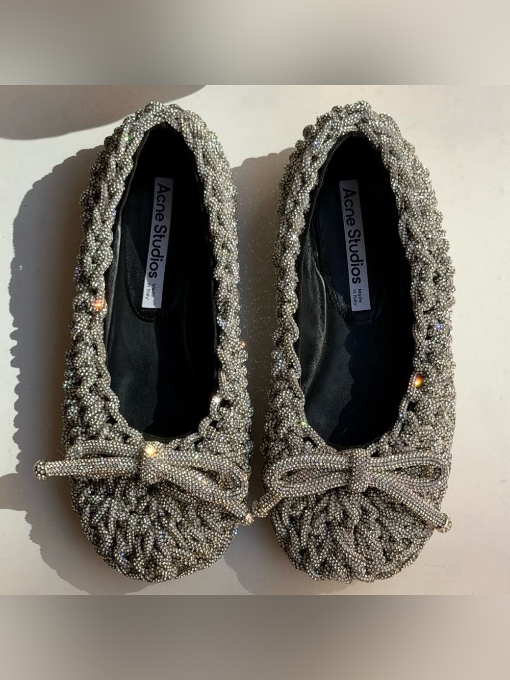 Acne Studios Bless Crystal Ballerina Flats Silver Rhinestone Woven Bow Shoes
